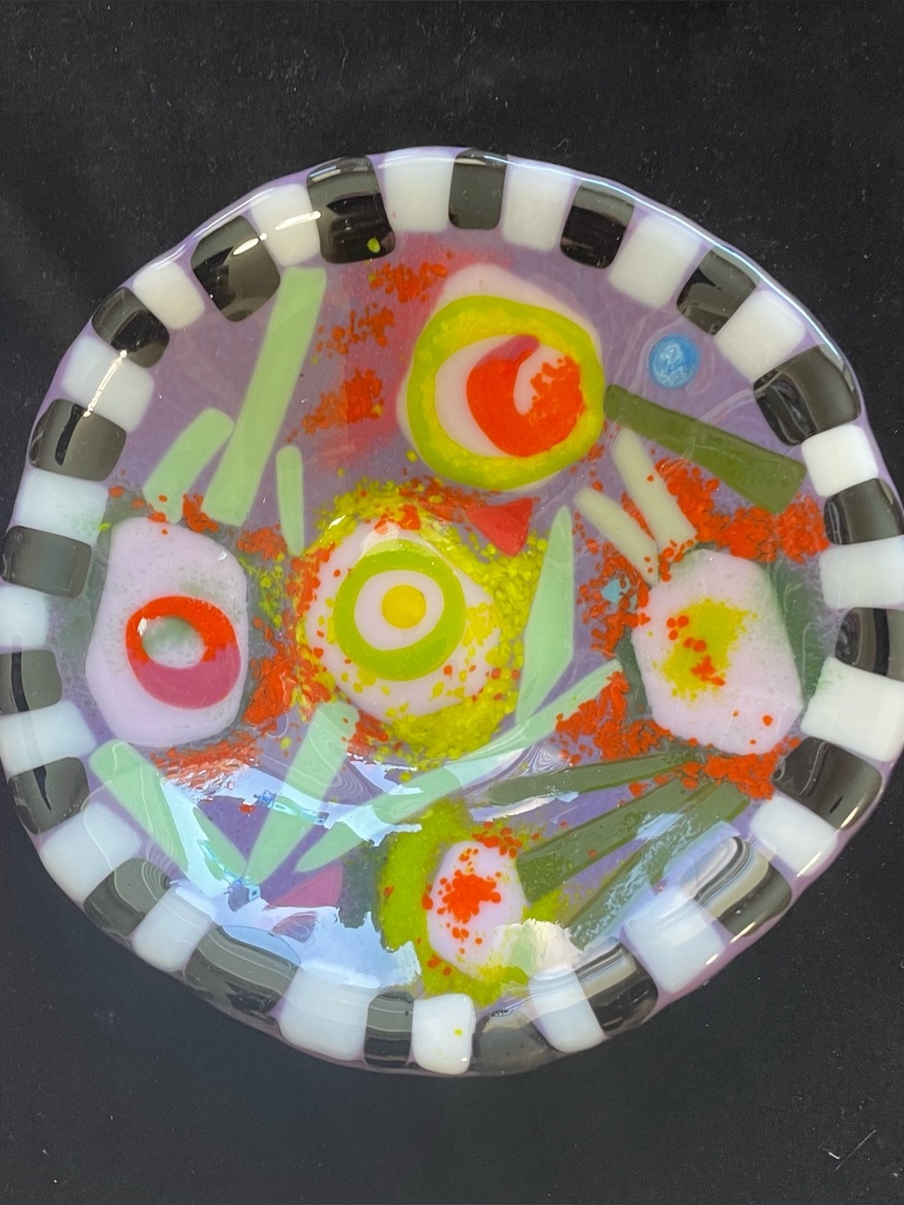 Pink Flowers On Purple Glass 7”x3” Bowl Original Design Handmade.